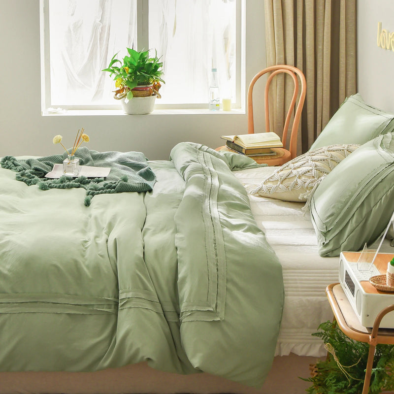 Sage Green Bedding Green Ruched Lace Duvet Cover Set Farmhouse Ribbon Border Design Dark Green Boho Bedding Sets