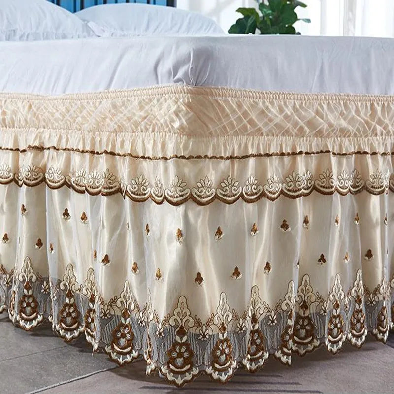 Top Selling Delicate Double Layers Luxury Stereoscopic Embroidered Flowers Lace Ruffle Bed Skirts with Strong Elastic Belt