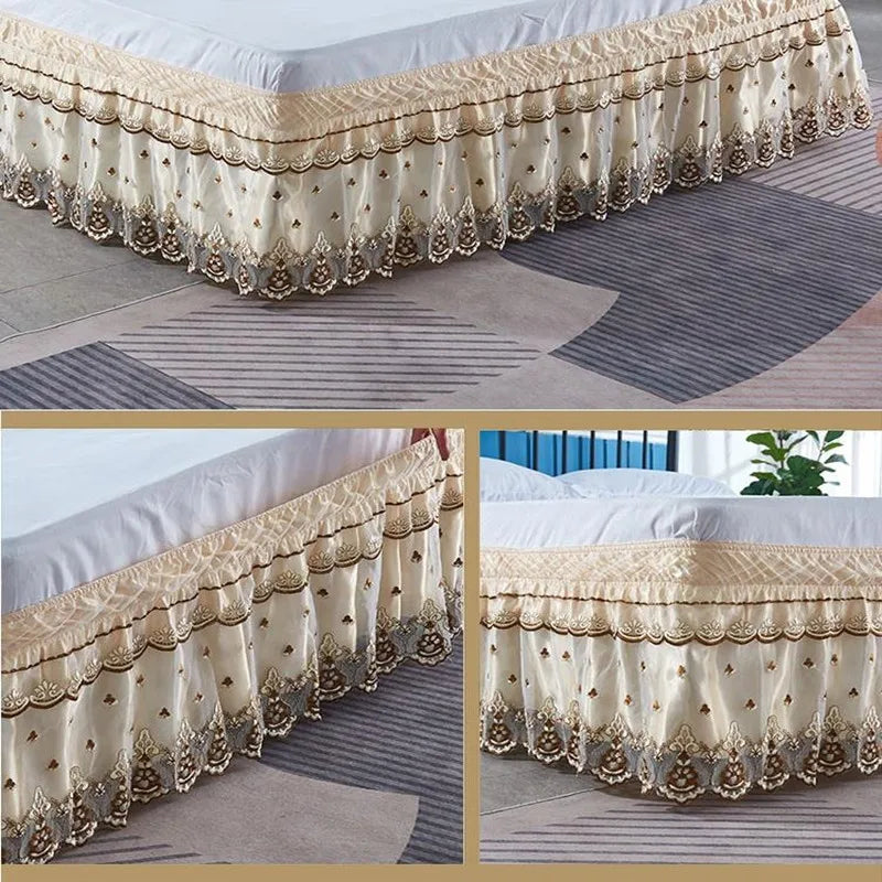 Top Selling Delicate Double Layers Luxury Stereoscopic Embroidered Flowers Lace Ruffle Bed Skirts with Strong Elastic Belt