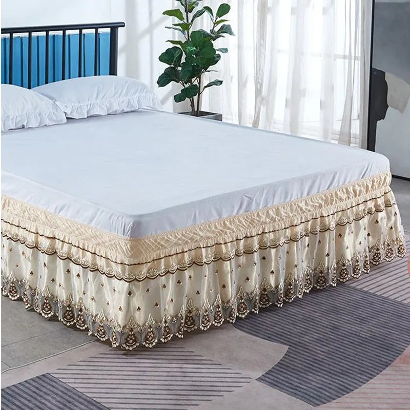 Top Selling Delicate Double Layers Luxury Stereoscopic Embroidered Flowers Lace Ruffle Bed Skirts with Strong Elastic Belt