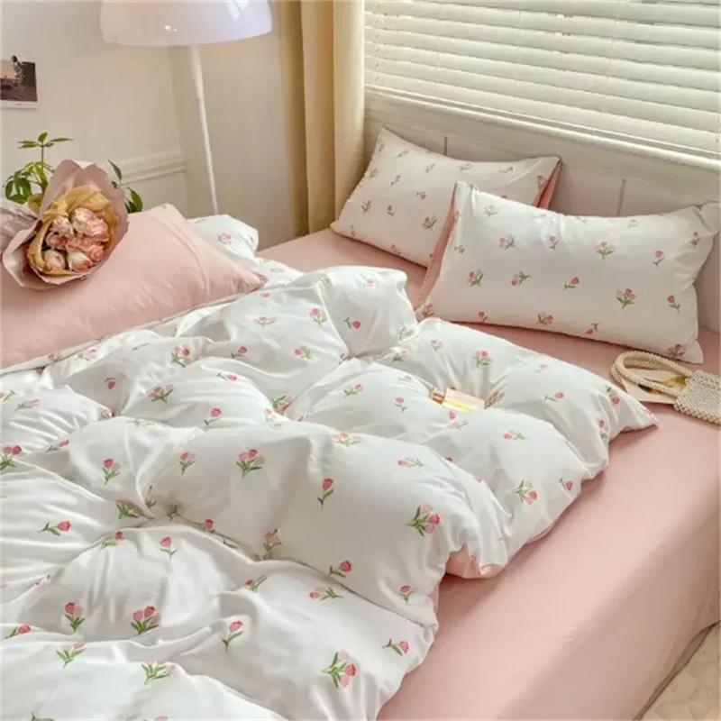 Korean style Bedding Set Twin Full Queen Bed Linen Soft Bed Flat Sheet Pink Pillowcase No Filling Kids Girls Floral Duvet Cover