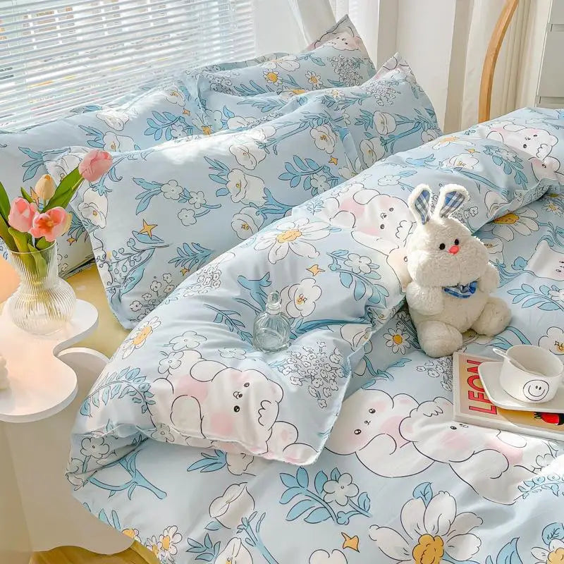 Kawaii Washed Cotton Bedding Set For Kids Girls Cute Print Duvet Cover Single Full Queen Size Flat Bed Sheets And Pillowcases