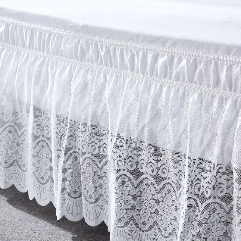 Nice Europe Style Jacquard Craft White Flower Type Ruffles Lace Bed Skirt With Durable and Fade Resistant Fabric-16 Inch High