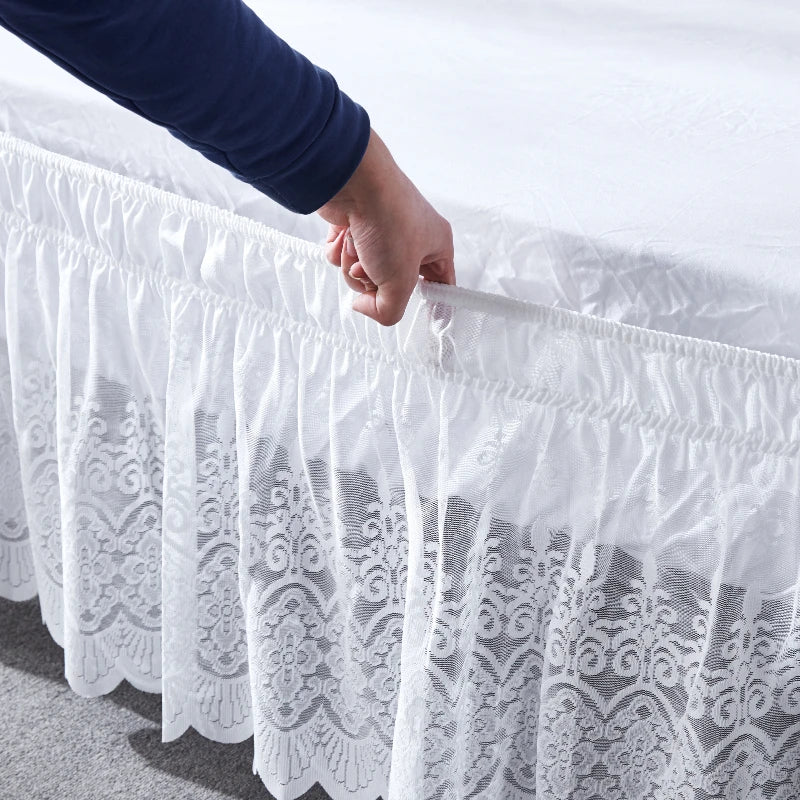 Nice Europe Style Jacquard Craft White Flower Type Ruffles Lace Bed Skirt With Durable and Fade Resistant Fabric-16 Inch High