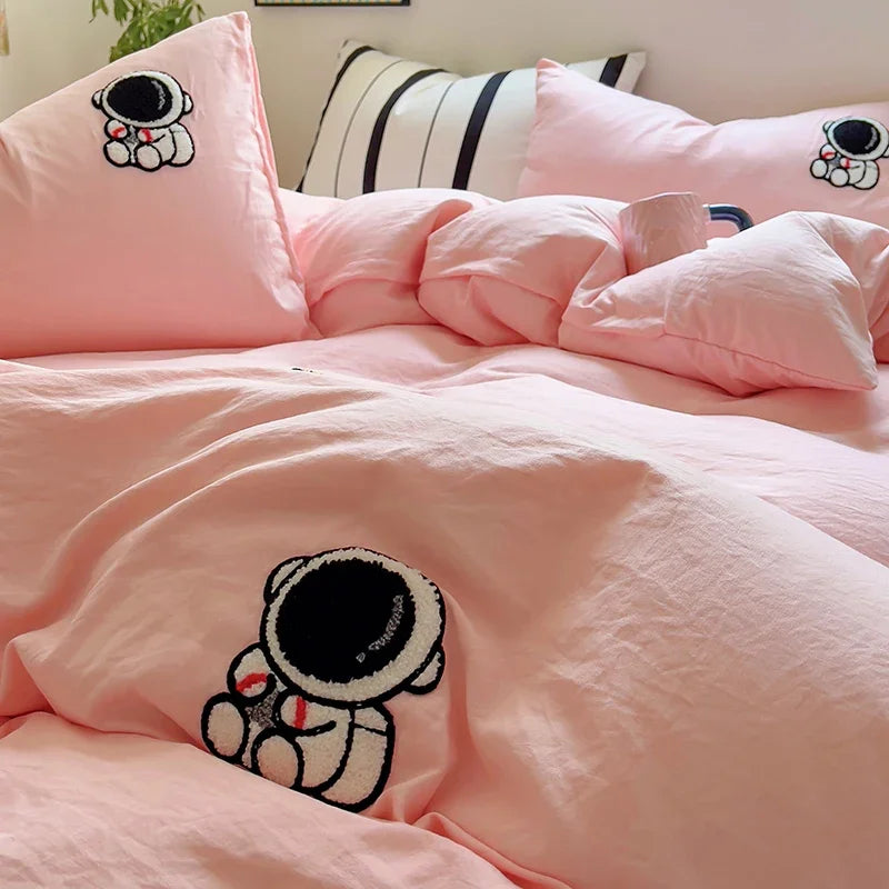 Ins Cartoon Astronaut Bedding Set Soft Flat Sheet Duvet Cover Pillowcase Pink Bed Linen Single Double Size Kids Girl Quilt Cover