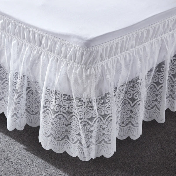 Nice Europe Style Jacquard Craft White Flower Type Ruffles Lace Bed Skirt With Durable and Fade Resistant Fabric-16 Inch High