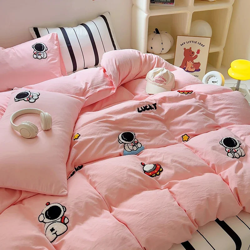 Ins Cartoon Astronaut Bedding Set Soft Flat Sheet Duvet Cover Pillowcase Pink Bed Linen Single Double Size Kids Girl Quilt Cover