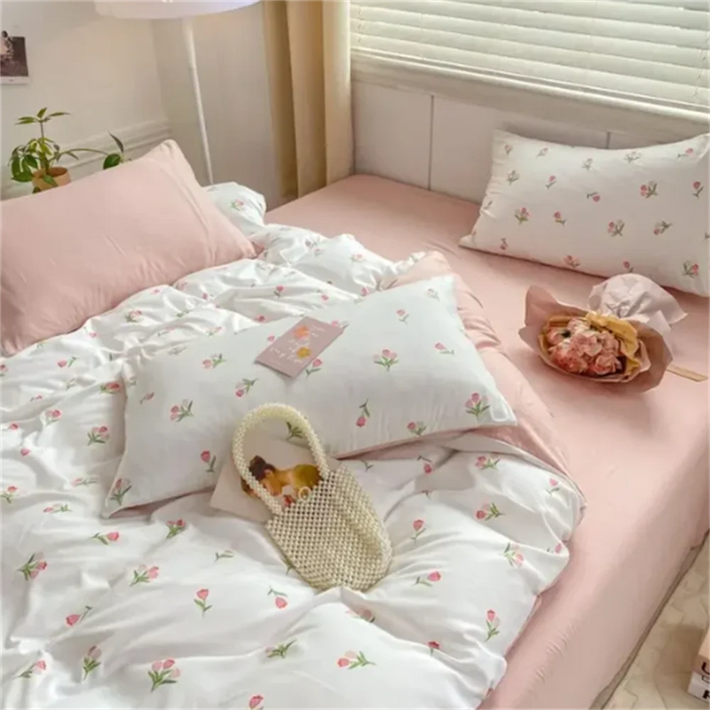 Korean style Bedding Set Twin Full Queen Bed Linen Soft Bed Flat Sheet Pink Pillowcase No Filling Kids Girls Floral Duvet Cover