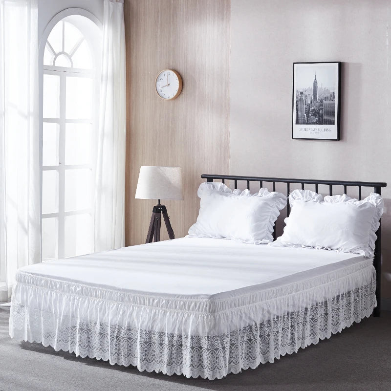 Nice Europe Style Jacquard Craft White Flower Type Ruffles Lace Bed Skirt With Durable and Fade Resistant Fabric-16 Inch High