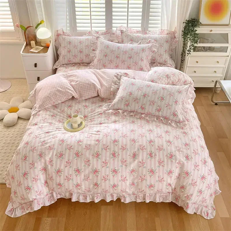 Pink Color Duvet Cover with Ruffles 100%Cotton Flower Printed housse de couette for Girls Pure Cotton Quilt Cover