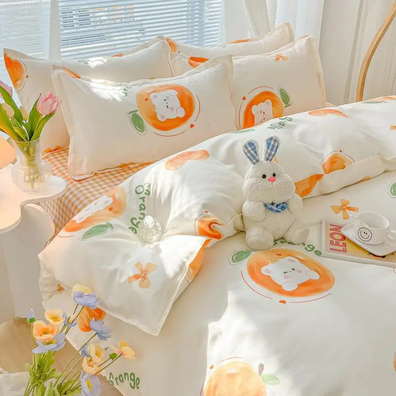 Kawaii Washed Cotton Bedding Set For Kids Girls Cute Print Duvet Cover Single Full Queen Size Flat Bed Sheets And Pillowcases